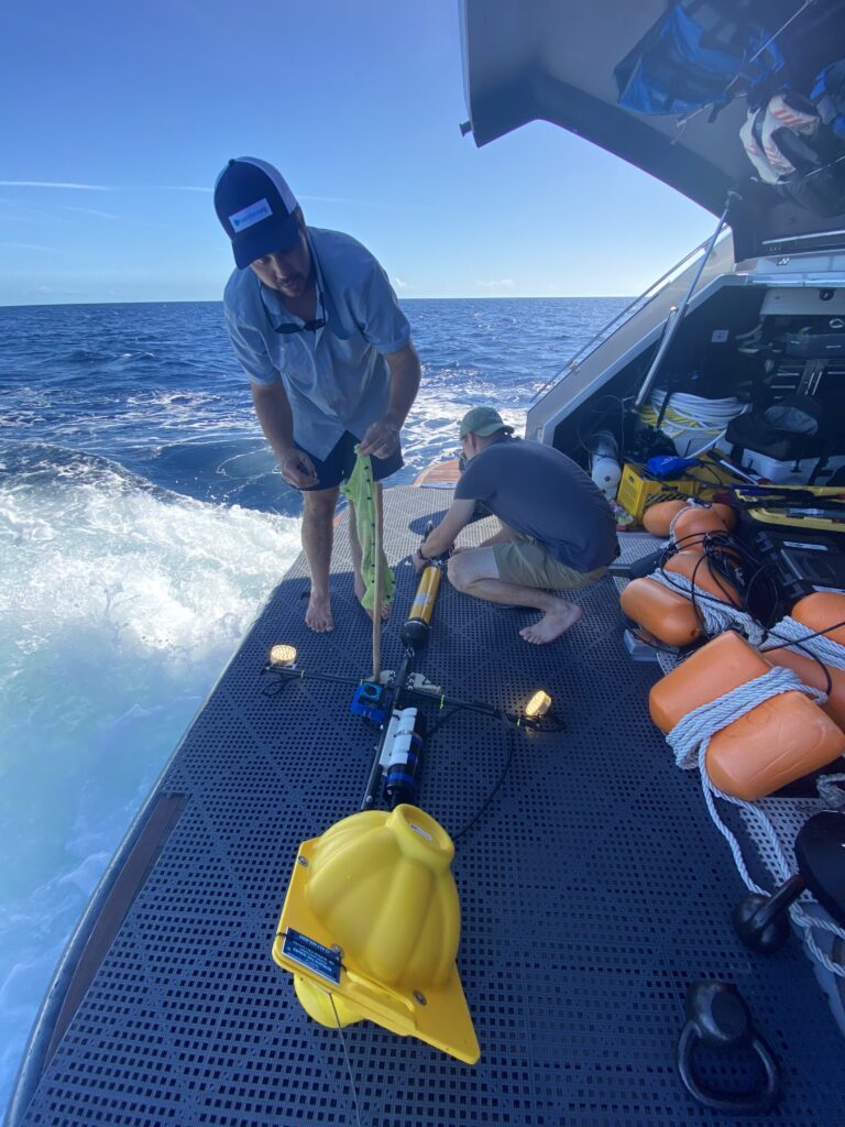 Deep-sea camera system deployed during Shark Tags expedition, filming baited interactions at depths beyond 800 meters for ecosystem insights.