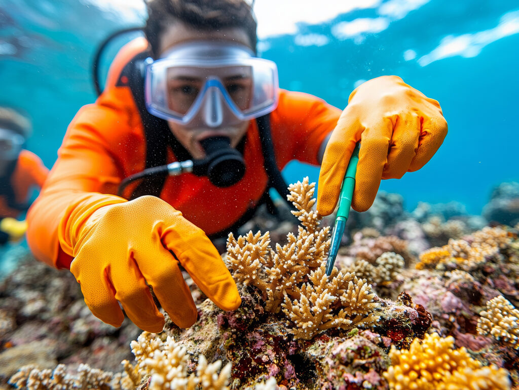A diver interacting with coral using tools during an underwater classroom lesson focused on marine conservation and coral reef studies.