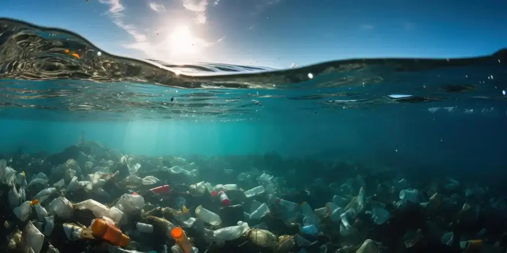 A split-level view of the ocean, showing a clear blue sky and sun above the waterline and a large accumulation of plastic bottles and debris below, illustrating plastic waste in the ocean.