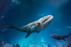 Two humpback whales swimming in a blue ocean polluted with floating plastic debris, highlighting the threats to the Blue Economy and sustainable ocean jobs.