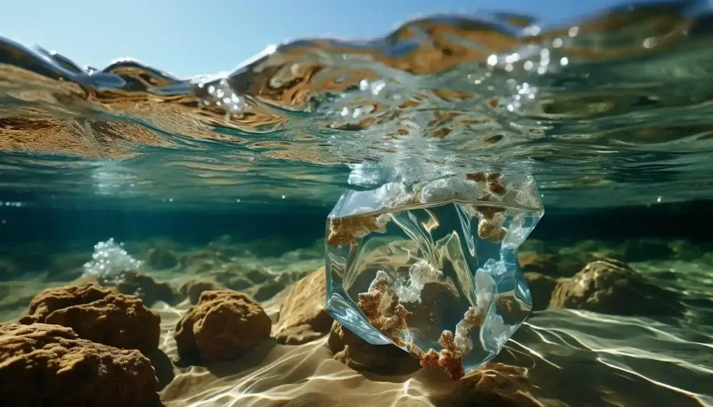 A clear plastic bag filled with smaller plastic debris floating underwater near the sandy ocean floor and rocks, illustrating plastic waste in the ocean.
