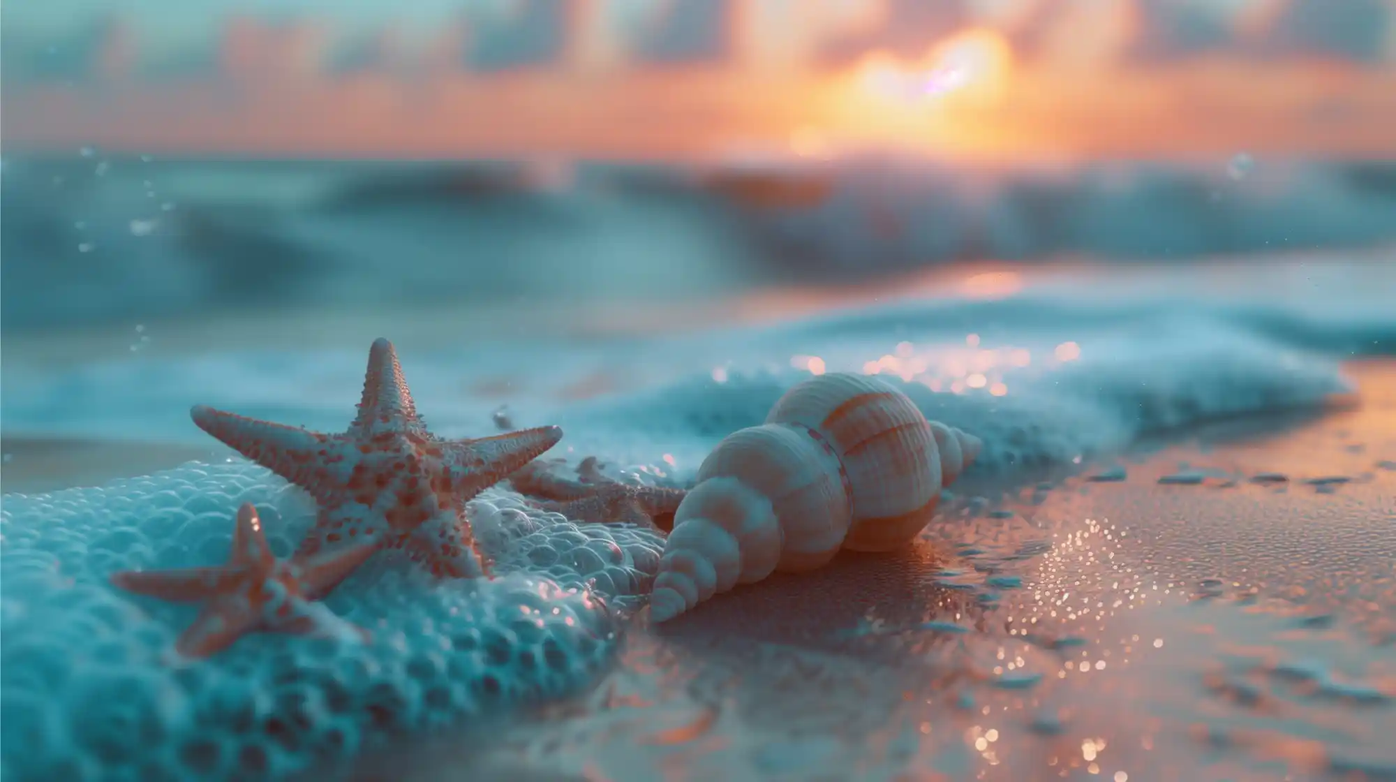 Seashells and starfish on a sandy beach at sunset with gentle waves washing over them.