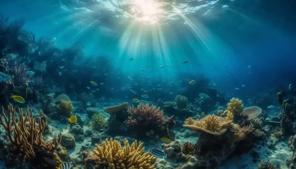 A vibrant coral reef ecosystem teeming with fish under beams of sunlight in a blue ocean, illustrating the foundation of the Blue Economy and sustainable ocean jobs.