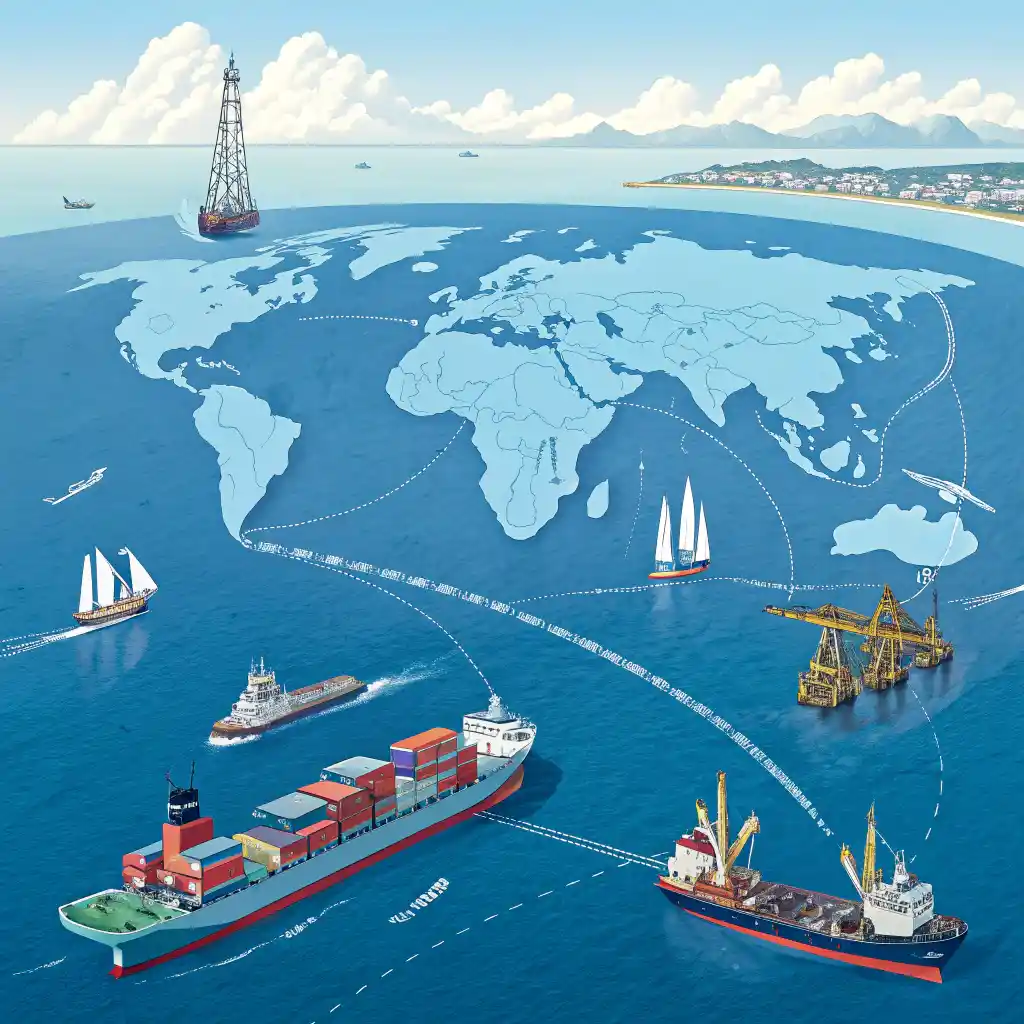 An illustrative map of the world's oceans showing various maritime activities like shipping, oil rigs, and coastal cities, symbolizing the comprehensive Role of Oceans in the Global Economy.