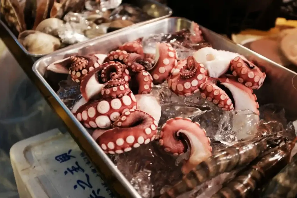 Freshly caught octopus tentacles on ice in a market tray, representing the need for Sustainable Seafood Choices.